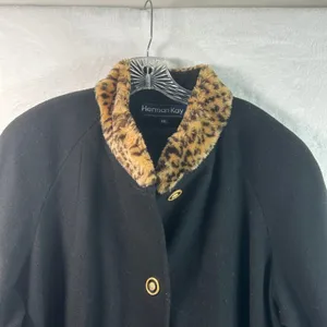 Herman Kay Vintage Black Wool Swing Coat Leopard Faux Fur Trim Plus 1X thumbnail 3