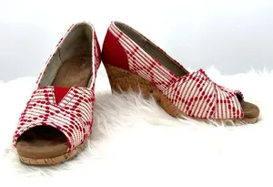 Toms size 6.5 red white‎ wedge heels peep toe slide on thumbnail 1