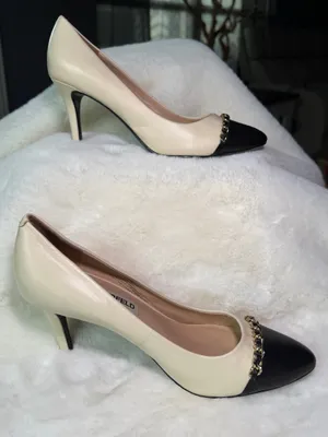 Karl Lagerfeld black + cream heels with gold chain detail thumbnail 2