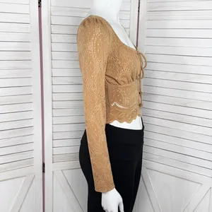 Kirious Boho Embroidered‎ Eyelet Tie Neck Long Sleeve Crop Top Tan XS thumbnail 3