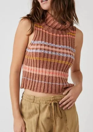 Free People L Edith Striped Turtleneck Sweater Brown Crop Tank Sleeveless Ribbed thumbnail 1