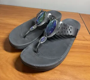 FitFlop Lunetta Jeweled Black Pewter Leather Thong Wedge Sandals Size 10 thumbnail 1