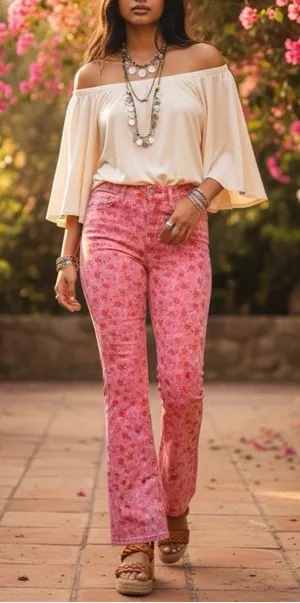 BDG Urban Outfitters Jeans Womens 28 Pink Rose High Rise Flare Floral Pants thumbnail 1