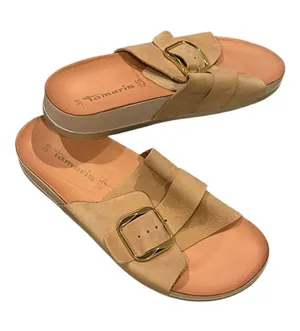 Tamaris Minimalist Suede Leather Slides Goldtone Buckle 39 thumbnail 1
