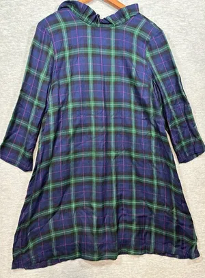 Crown & Ivy Navy‎ Plaid Tie Back Neck Dress Ruffle Size L Preppy Casual thumbnail 1
