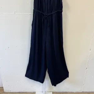 LOFT Satin Sleeveless Halter Neck Wide Leg Jumpsuit Size S 494571 Navy Blue thumbnail 4