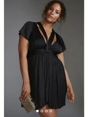 NWT Anthropologie V-Neck Vibrant Black Mini Dress Sz 8 thumbnail 2