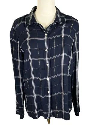 Tommy Hilfiger Women's Navy‎ Plaid Button Down Shirt Metallic Accents Size M thumbnail 1