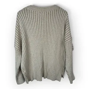 BKE Womens Large Oversized V Neck Ribbed Sweater Beige Tan Striped Slouchy thumbnail 2