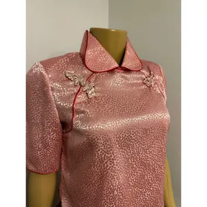 VTG ASIAN Pink Satin Jacquard Frog Button Blouse Red Piping Mandarin Collar Top thumbnail 2