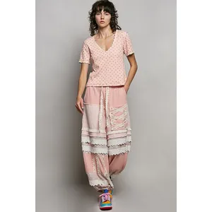 POL Floral V-Neck Short Sleeve Rib T-Shirt - Soft Pink - Medium thumbnail 5