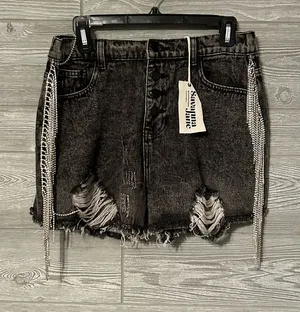 NWT Savanna Jane crystal‎ Fringe High Waisted Jean Shorts medium Embellished thumbnail 1
