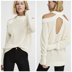 Free People‎ Sweater Womens Medium Ivory Boho Cold Shoulder Mock Neck OB994777 thumbnail 2
