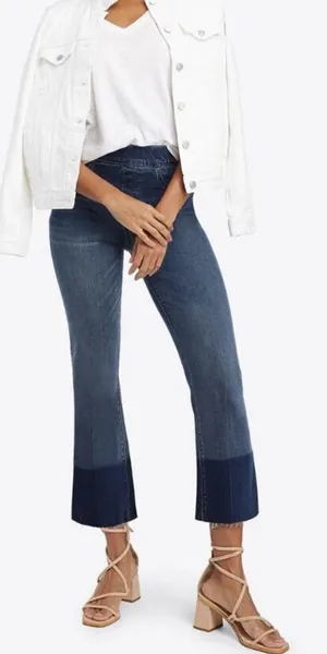 Spanx Cropped‎ Flare Denim Jeans Medium Wash Dip Dye Hem Blue Size Large thumbnail 1