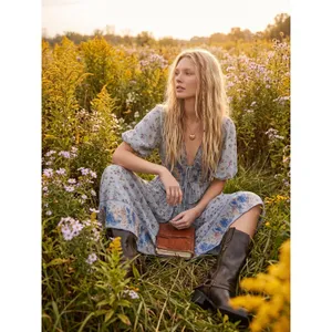 Free People Bohemian Billowy Cottage Lysette Maxi Dress Periwinkle Floral Medium thumbnail 3