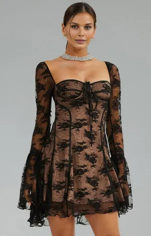 Womens Whismisgoth Black Lace Vampy Witchy Long Sleeve Dress‎ Square Neck Size M thumbnail 1