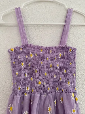 purple yellow daisy organza ruched summer sundress thumbnail 3