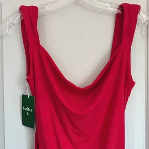 Halara Red Cowl Neck Open Back Ruched Asymmetrical‎ Mini Dress Medium NWT thumbnail 6