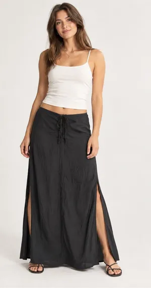 American Eagle Black Maxi Skirt XXL NEW Ruched Tie Front Side Slits Goth Boho thumbnail 1