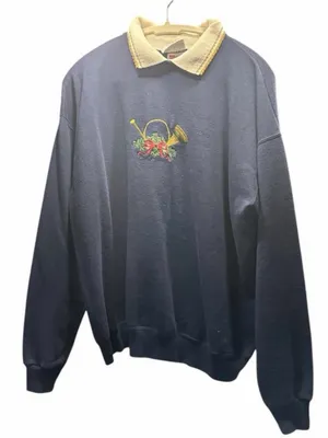 Vintage Hanes Navy Crewneck Sweater with Cream Collar Embroidered Horn size XL thumbnail 1