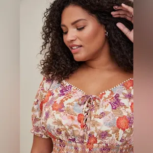 Torrid Harvest Floral Georgette Eyelet Smocked Waist Puff Sleeve Top - size 1 thumbnail 13