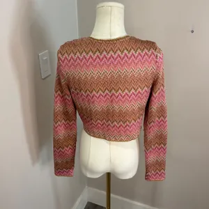 House of Harlow 1960 Pink Brown Chevron Cropped Cardigan Tassel Tie Sweater L thumbnail 8