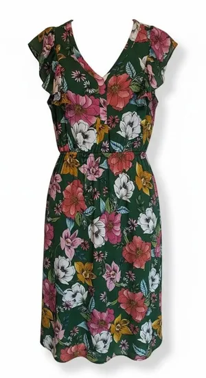 DR2 Daniel Rainn Green Floral Midi Dress Small Ruffle Cap Sleeve V-Neck thumbnail 1