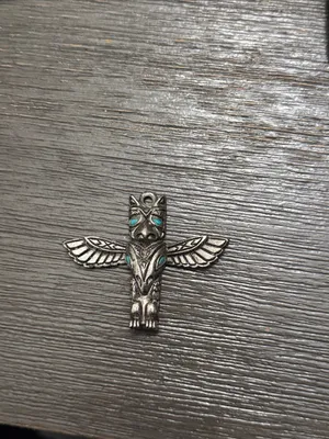 Vtg 70's MCM Stainless Steel Western Native Bird Totem Faux Turquoise Pendant thumbnail 3