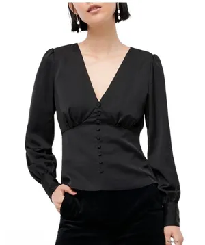 J.Crew Black Deep V-neck button-front top in satin-backed crepe Size 4 thumbnail 1