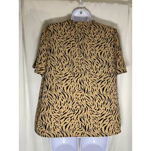 Nine West Women's Top Large Tan Black Tiger Print Short Sleeve Ruffle V-Neck L thumbnail 2