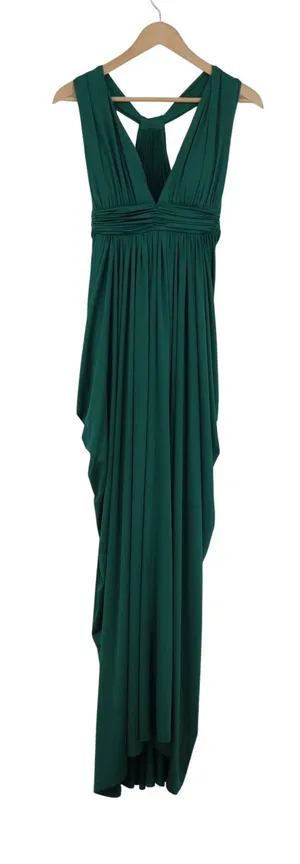 Bebe Emerald Green Draped V-Neck Maxi Dress T-Back Gown XS thumbnail 1