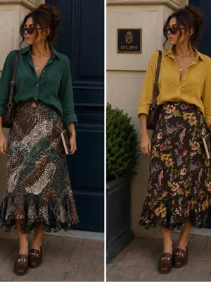 Reversible Floral Animal Midi Skirt 32” L Green Brown Fall Boho Indie Academia thumbnail 2