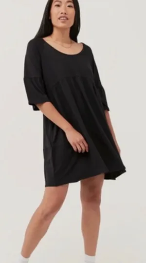 Pact Revive Flutter Sleeve Tiered Dress Organic Cotton Black Medium thumbnail 1