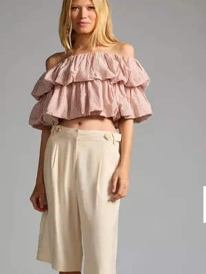 Anthropologie Striped Off-Shoulder Ruffle Bubble Top in Blush and White Size S thumbnail 8