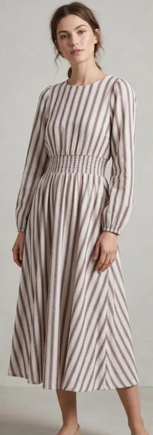 Petal & Pup Striped Linen Blend Smocked Midi Dress Cream Wine Long Sleeve XS NEW thumbnail 1