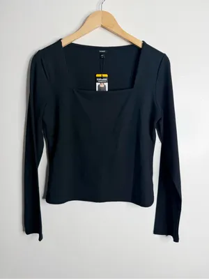 Express Black‎ Squareneck Top Womens Medium Long Sleeve Minimalist E0101533 thumbnail 2