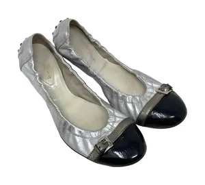 Tod's Silver Scrunch Ballet Flats with‎ Black Patent Leather Buckle Toe Size 9.5 thumbnail 1