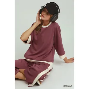Umgee Colorblock Side Stripe Straight Pants - Marsala - Large thumbnail 3