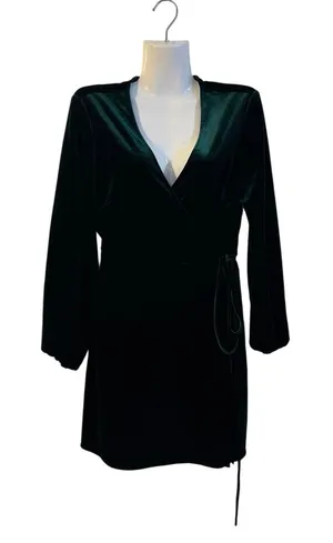 Zara Emerald Green Velvet Wrap Mini V-Neck Long Sleeve Dress SZ M Holiday Party thumbnail 1