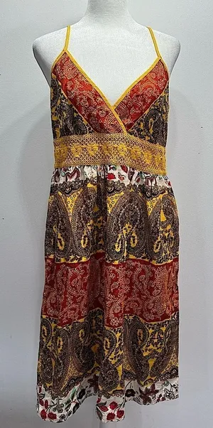 Daytrip Slip Dress Multicolored Boho Paisley Crochet Waistband Spaghetti Straps thumbnail 1