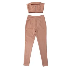 L'Atiste By Amy Light Brown‎ Taupe Faux Suede Crop Tube Top Pants Set Size Small thumbnail 2