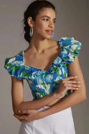 ✨Anthropologie Maeve Ruffle-Sleeve Cropped Sz Medium Blouse✨ thumbnail 1