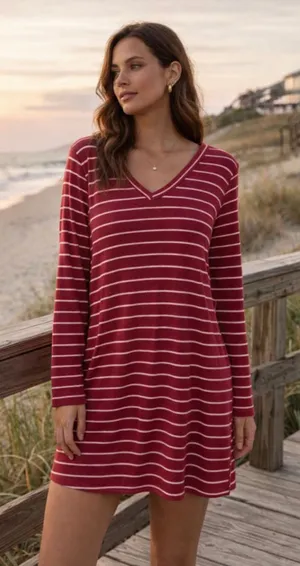 Women's mts Red & White Striped Long Sleeve Dress, Size L thumbnail 1