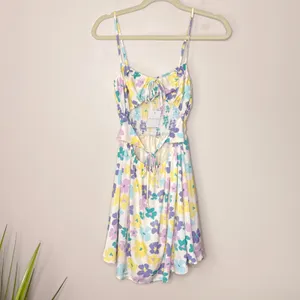 NEW NWT Blue Blush‎ Floral Print Mini Dress SZ Small Smocked Back Flirty Cutaway thumbnail 5