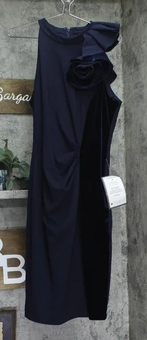 Betsy & Adam Womens Ruffled Halter Velvet-Trim Sheath Dress A26692 Navy Blue 14 thumbnail 1