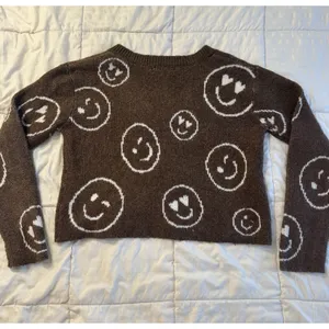 SO Brown V-Neck Sweater Knit Cozy Smiley Face Print Y2K 90s Grunge Kidcore Retro thumbnail 6