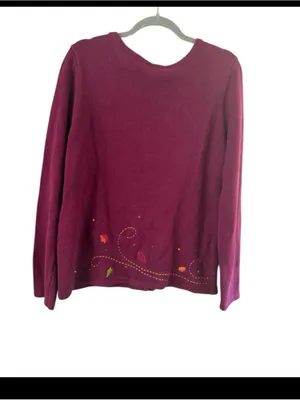Christopher & Banks Maroon V-Neck Button Cardigan with Autumn Leaf Embroidery thumbnail 11