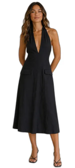 Mimi & Dottie Halter Flare Midi Dress NWT Large V Neck Tie Neck ID9023 Black thumbnail 1