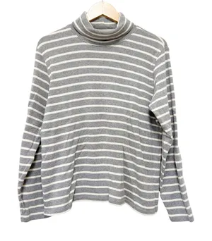 LL Bean Gray White Striped Ribbed Turtleneck Sz L thumbnail 1