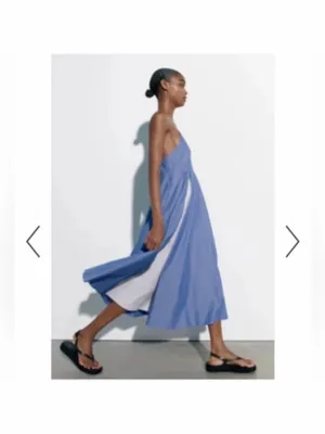 Zara Blue-and-White Panel Spaghetti-Strap Midi Dress thumbnail 4